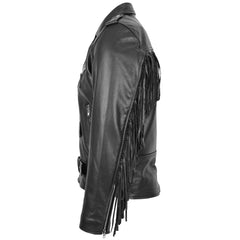 Men's Biker Brando Leather Jacket with Fringes Wayne Black