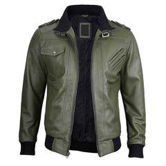 Vintage Handcrafted Men's Military Green Leather Jacket with Removable Hood