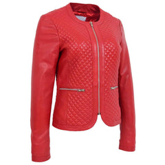 Regals Leather Women’s Red Quilted Collarless Leather Jacket – Joan Slim Fit Biker