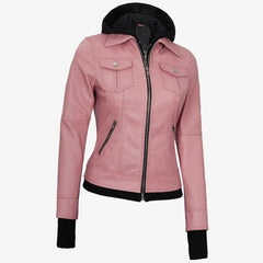 Pink Lambskin Leather Biker Jacket: Removable Hood, Moto Style Women Leather Jacket