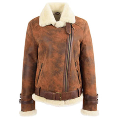 Women's Vintage Brown Sheepskin Aviator Jacket – Lena Cross Zip Pilot Style