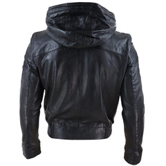 Fashion Men's Hooded Bomber Leather Jacket Inner Soft Lining