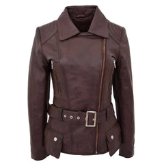 Celia Brown Women’s Leather Motorcycle Jacket – Classic Hip Length Design