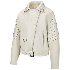 Women’s Faux Leather Studded Rivet Jacket – Short Moto Biker Coat with Stand Collar
