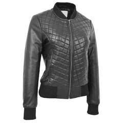 Women's Genuine Leather Quilted Bomber Jacket Sally – Black Varsity Look