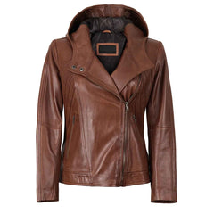 Regals Leather Cidra Women Asymmetrical Brown Hooded Genuine Leather Jacket