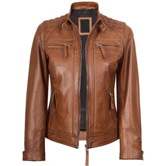 Regals Leather Women's Cafe Racer Style Tan Brown Leather Jacket