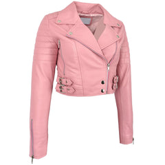 Women’s Cropped Leather Biker Jacket in Demi Baby Pink – Stylish Moto Fit