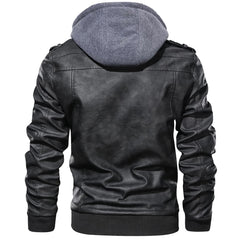 Comfortable Men's Motorcycle Leather Jacket with Removable Hood - Black