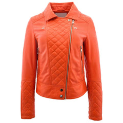 Ziva Orange Women’s Leather Biker Jacket | Quilted Detail Real Leather