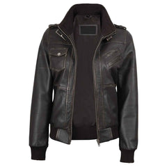 Dark Brown Rub Off Leather Jacket for Women with Removable Hood – Premium Casual Wear