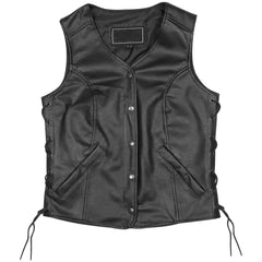 Women's Black Five Snap Leather Motorcycle Vest with Side Laces & Interior Pocket, Classic V-Neck Biker Style Vest