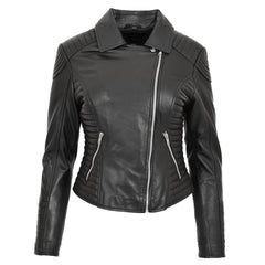 Women’s Real Leather Cross Zip Jacket – Anna Black Classic Biker Design
