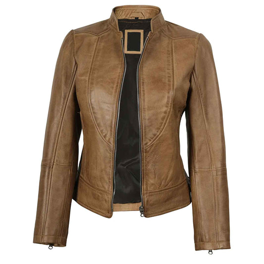 Women’s Camel Brown Leather Biker Jacket – Amy Lambskin | Regals Leather