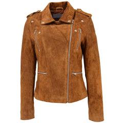 Women's Tan Suede Biker Jacket – Skylar Zip-Up Moto Style Leather Jacket
