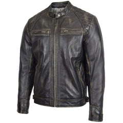 Lightweight Men's Biker Style Leather Jacket Standing Collar Zip Pockets