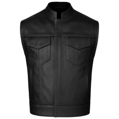 Men’s Motorcycle Vest – Premium Buffalo Leather, Multiple Pockets Club Style Biker Vest with Metal Zippers - All Seasons