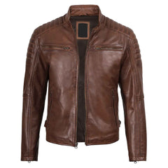 Men's Cognac Brown Cafe Racer Biker Style Genuine Leather Jacket