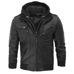 Real Lambskin Men's Black Leather Jacket with Removeable Hood