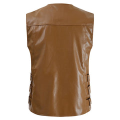 Mens Faux Leather Suit Vest Full Zipper Vintage Slim Fit Waistcoat Vest with Pockets Crewneck Motorcycle Vest Outfits Brown