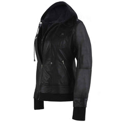Onyx Women’s Hooded Black Leather Bomber Jacket – Classic Genuine Leather Outerwear for Fall & Winter