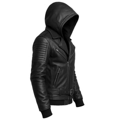 Men's Black Cowhide Leather Biker Jacket Hooded Motorcycle Riding Coat