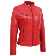 Women’s Real Leather Standing Collar Jacket – Becky Red Biker Style
