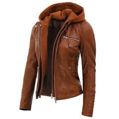 Women’s Hooded Brown Leather Bomber Jacket – Classic PU Faux Leather Moto Coat for All Seasons