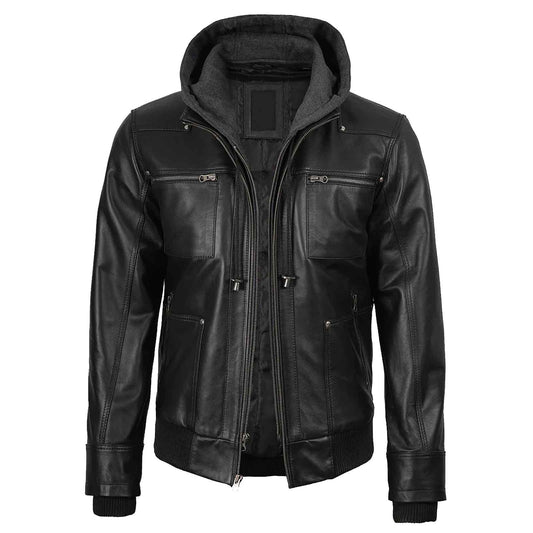 Men's Black Bomber Lambskin Leather Jacket with Removable Hood
