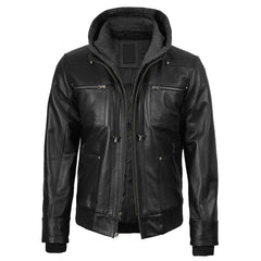 Men's Black Bomber Lambskin Leather Jacket with Removable Hood