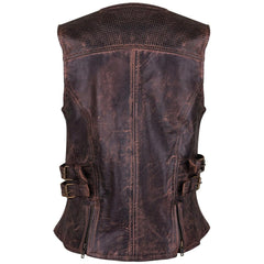 Women's Black Premium Cowhide Biker Motorcycle Leather Vest with Cowgirl Western Leather Outwear, Adjustable Side Buckles