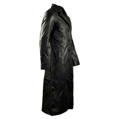 Women’s Long Black Leather Trench Coat – Genuine Sheepskin Leather Overcoat with Button Closure