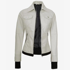 Off-White Lambskin Leather Biker Jacket Removable Hood Thumbhole Women Leather Jacket