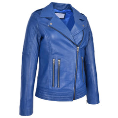 Women’s Genuine Leather Cross Zip Biker Jacket – Pam Blue Moto Design