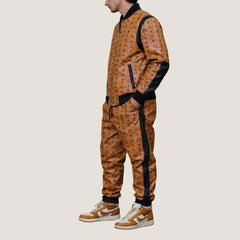 MCM Men’s Monogram Print Leather Tracksuit Set | Brown & Black Cowhide Bomber Jacket & Jogger Pants