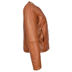 Women's Real Leather Collarless Fashion Jacket Slim Fit Style Clara Tan