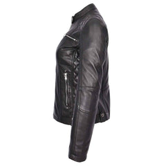 Women’s Black Leather Cafe Racer Jacket – Fitted Quilted Biker Style with Zip Closure