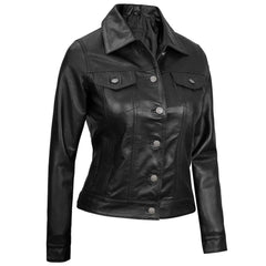 Stylish Vintage Fernando Women's Black Leather Trucker Jacket | Regals Leather
