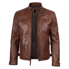 Regals Leather Men’s Quilted Biker Jacket – Genuine Cognac Brown Leather