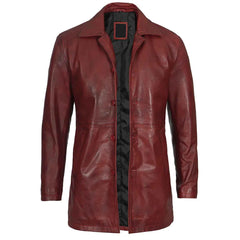 Burgundy Men’s Real Lambskin Leather Car Coat Genuine Leather Long Jacket