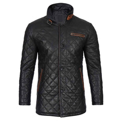 Regals Leather Men's Black Quilted Leather Car Coat - Glen Style - Winter Warm Jacket