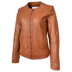 Women's Real Leather Collarless Fashion Jacket Slim Fit Style Clara Tan