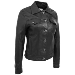 Women’s Black Leather Trucker Jacket – Alma Soft Genuine Sheep Nappa