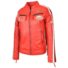 Ladies Rosa Red Leather Cafe Racer Biker Jacket – Motorcycle Style with Badges