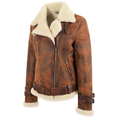 Women's Vintage Brown Sheepskin Aviator Jacket – Lena Cross Zip Pilot Style