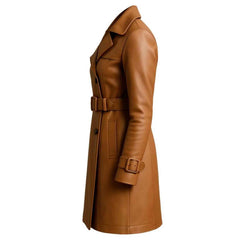 Women’s Genuine Leather Trench Coat – Handmade Long Belted Overcoat, Luxury Classic Outerwear