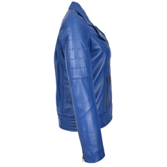 Women’s Genuine Leather Cross Zip Biker Jacket – Pam Blue Moto Design