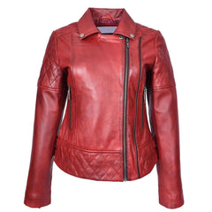 Nixi Women’s Burnish Red Multi Cross Zip Biker Leather Jacket | Quilted Fitted Style