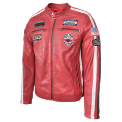 Vintage Men's Leather Biker Jacket Motorsport Logos Bobby Red