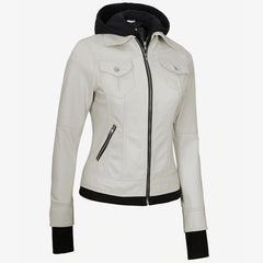 Off-White Lambskin Leather Biker Jacket Removable Hood Thumbhole Women Leather Jacket
